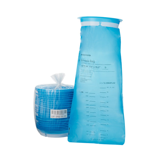 Blue emesis bag with measurement markings and a roll of similar bags on a white background