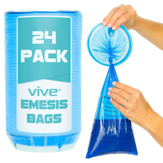 Vive emesis bags packaging with a hand holding an emesis bag against a white background