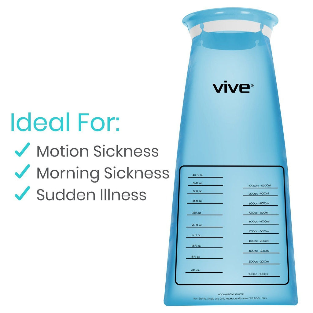 Blue inflatable pillow with 'Vive' branding and text indicating its uses for motion sickness, morning sickness, and sudden illness on a white background.