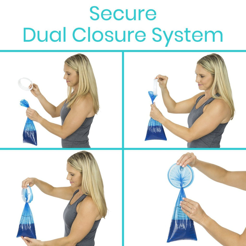Woman demonstrating a blue bag with a secure dual closure system on a white background.