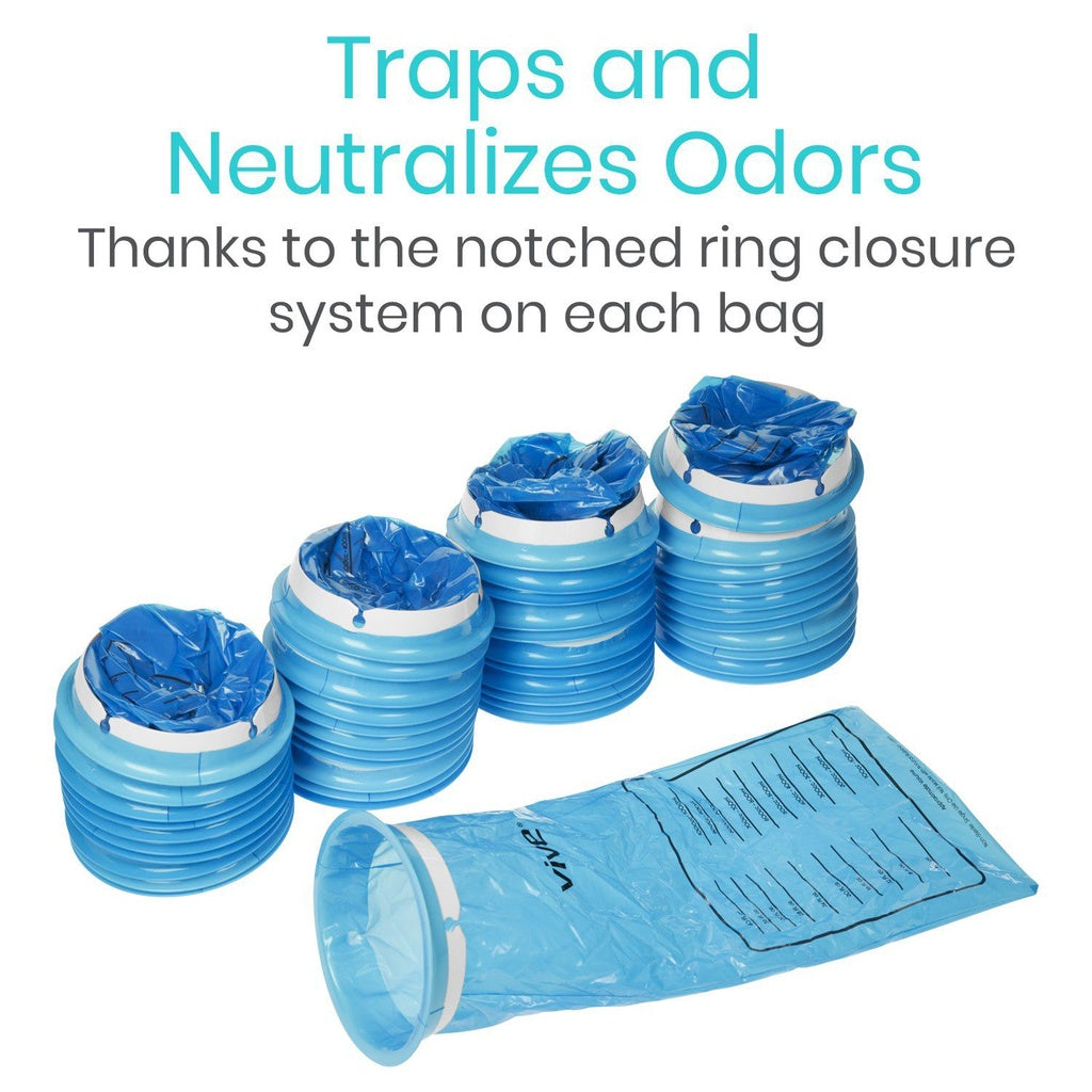 Blue odor control bags with notched ring closure system on a white background