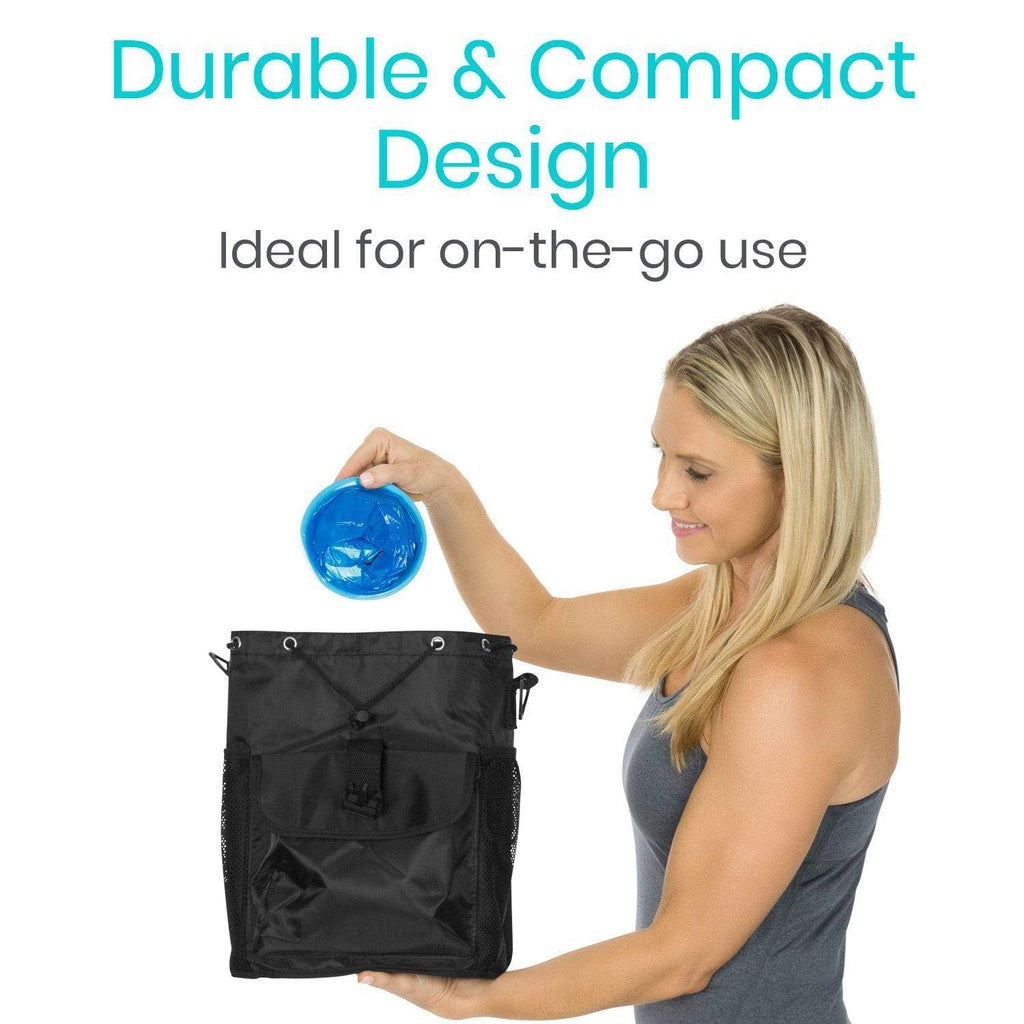 Woman holding a black bag and a blue container with text about durability and compact design.