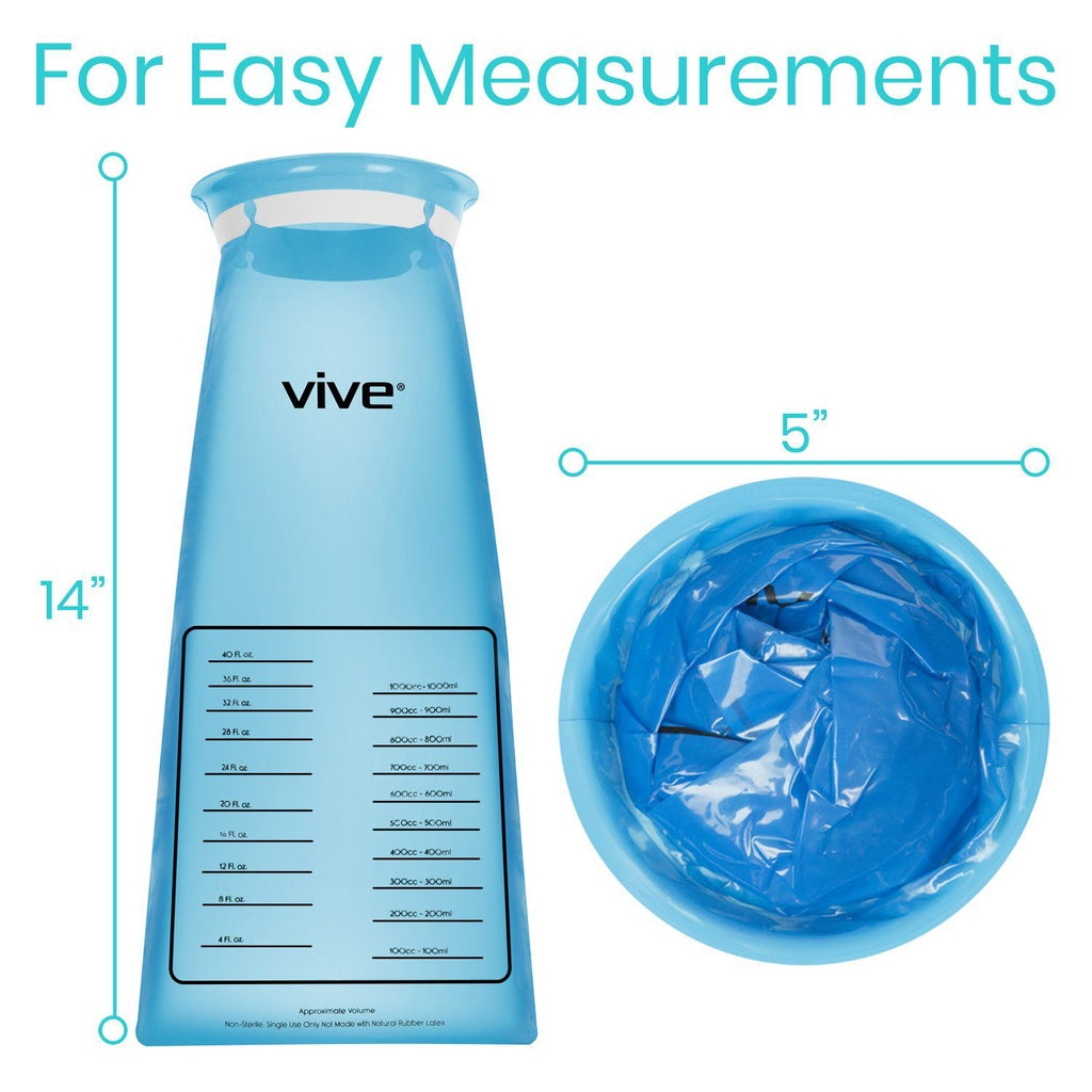 Blue measuring container with 'vive' branding and measurements, shown with text 'For Easy Measurements'.