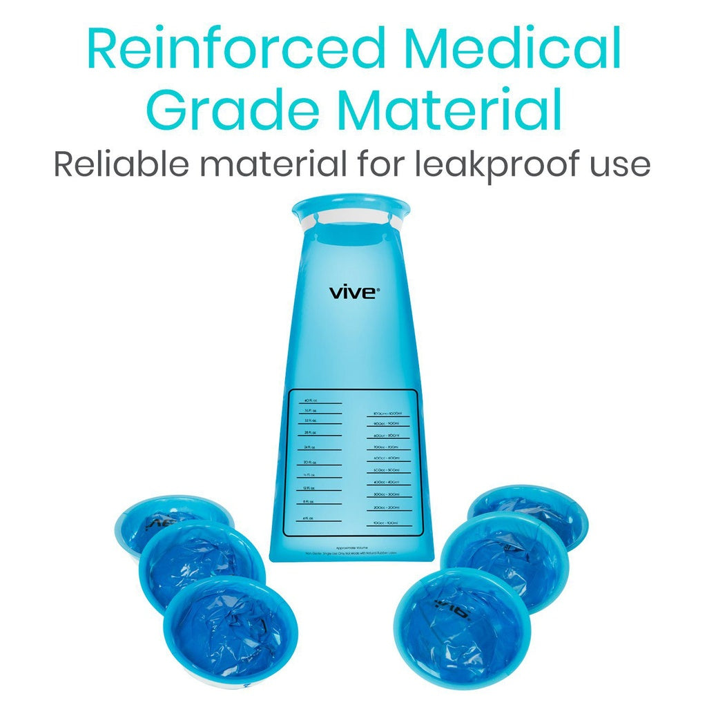 Blue water bottle with multiple bottles and text about reinforced medical grade material