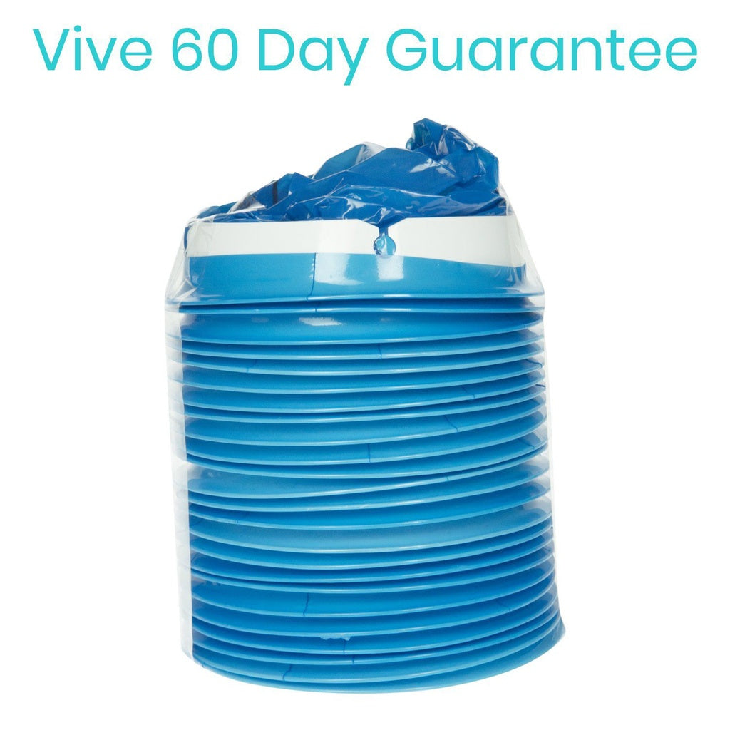 Blue cylindrical container with a white lid on a white background, featuring 'Vive 60 Day Guarantee' text.