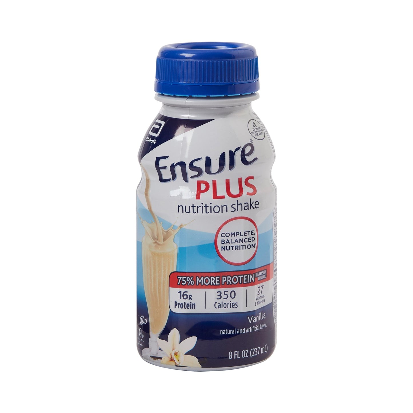 Ensure Plus nutrition shake bottle with blue cap on a white background