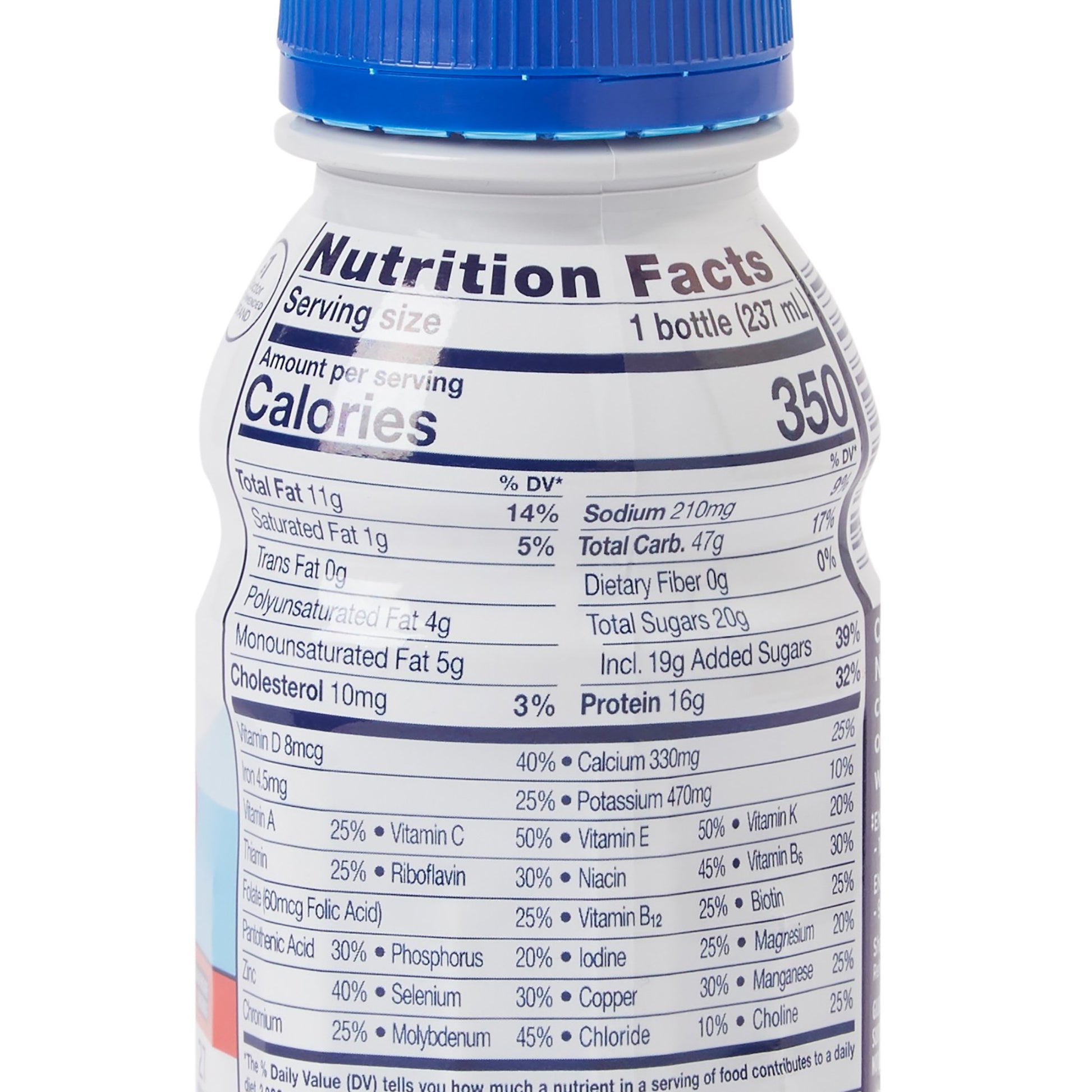 Nutrition facts label on a bottle with a blue cap