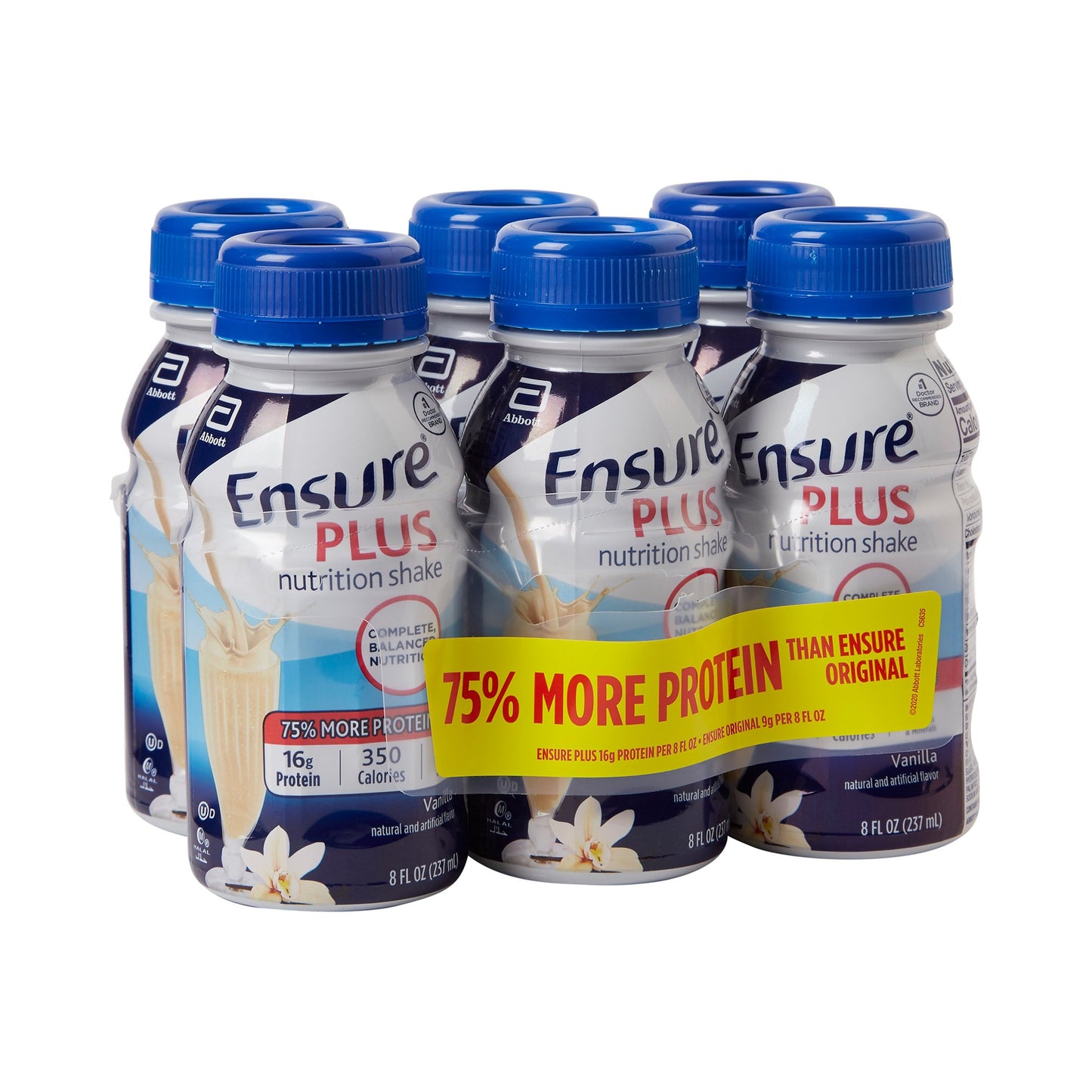 Six bottles of Ensure Plus nutrition shake with a blue cap on a white background