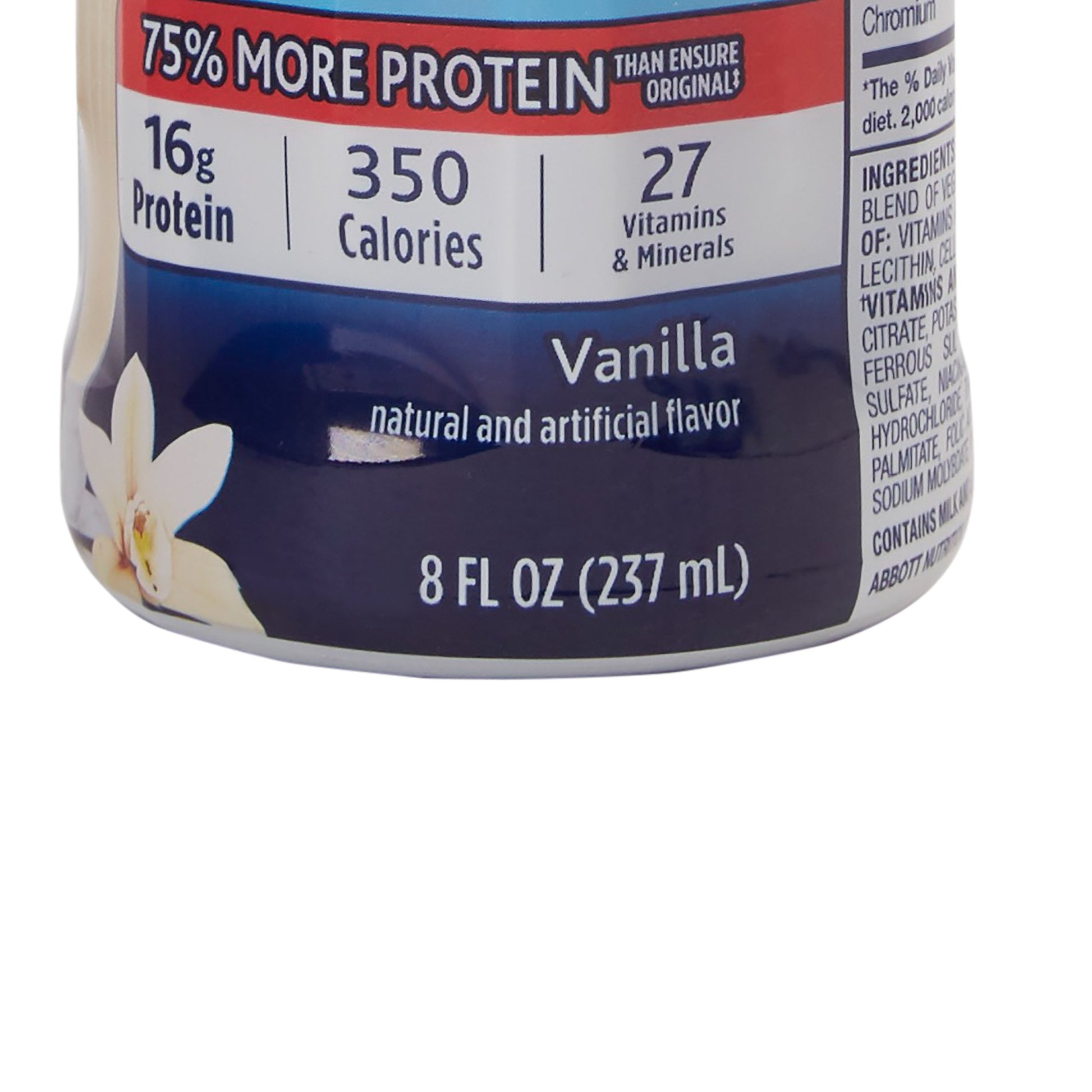Vanilla protein supplement container with nutritional information on a white background