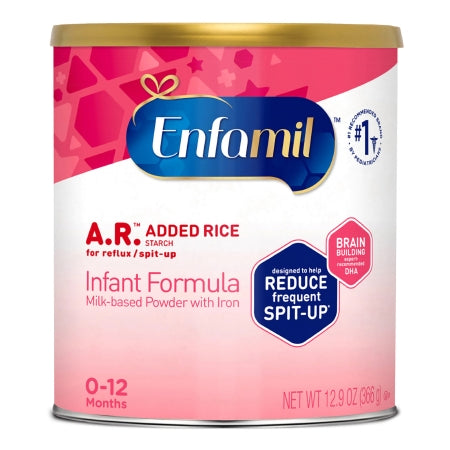 Enfamil A.R. Infant Formula can with pink and white design