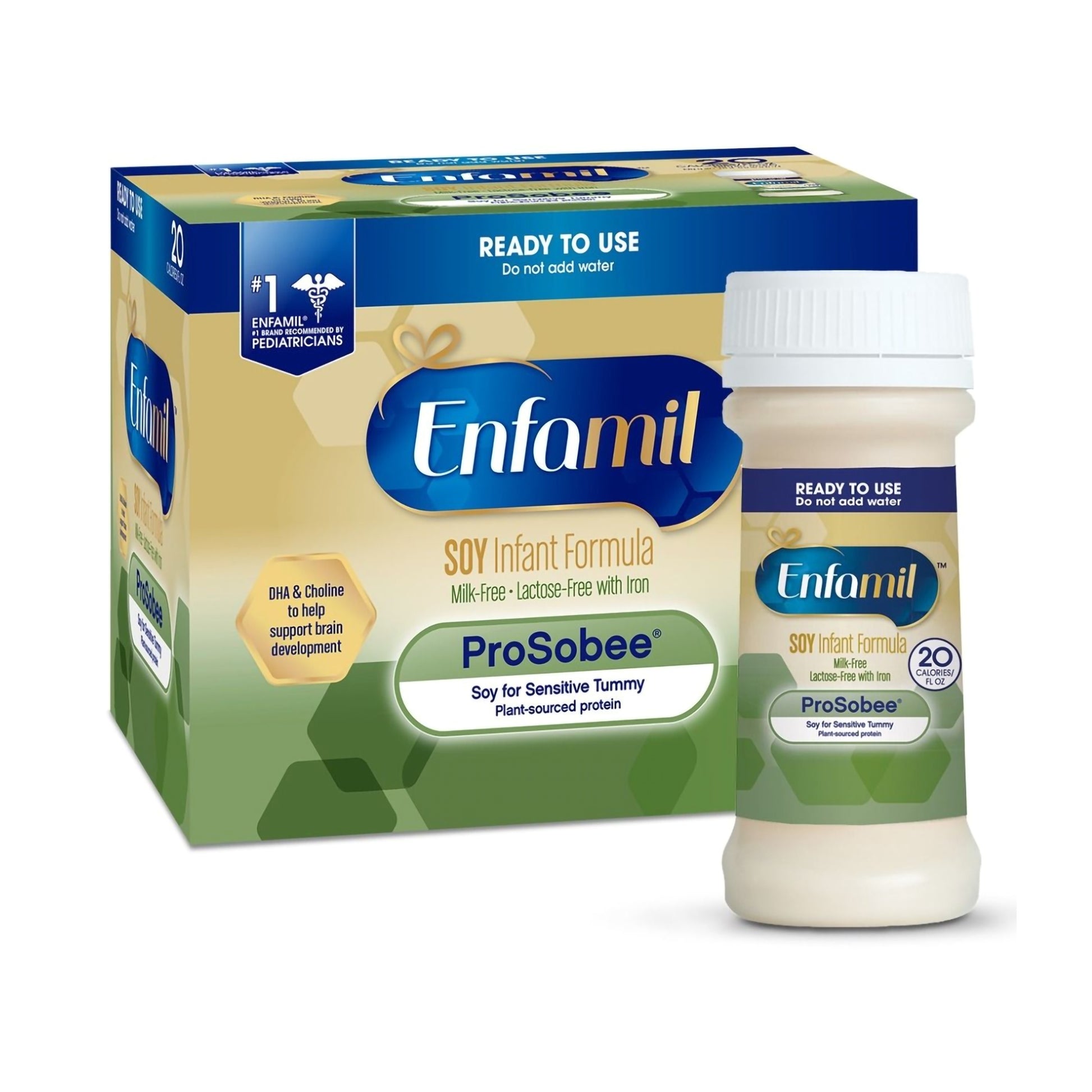 Enfamil soy infant formula packaging with bottle on a white background