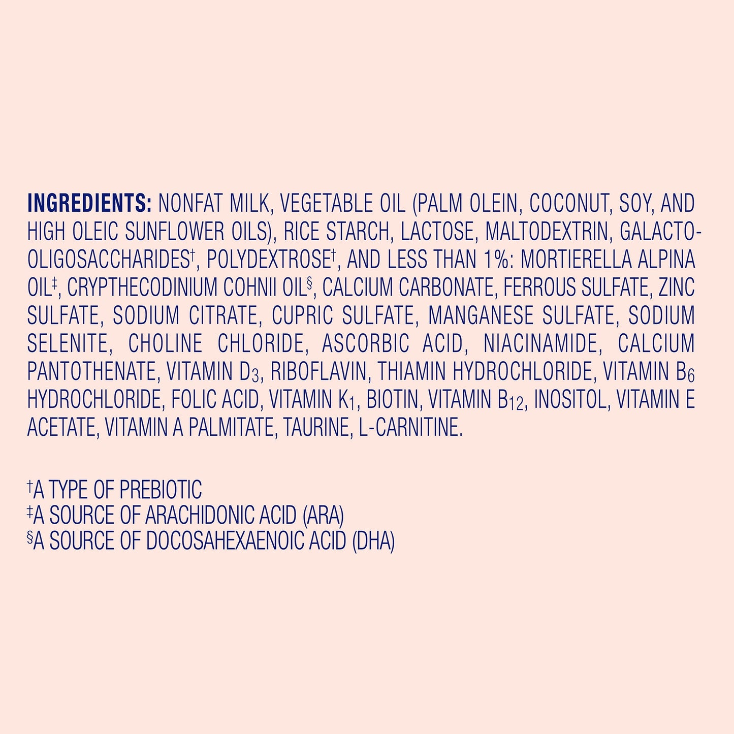 List of ingredients on a label with a pink background