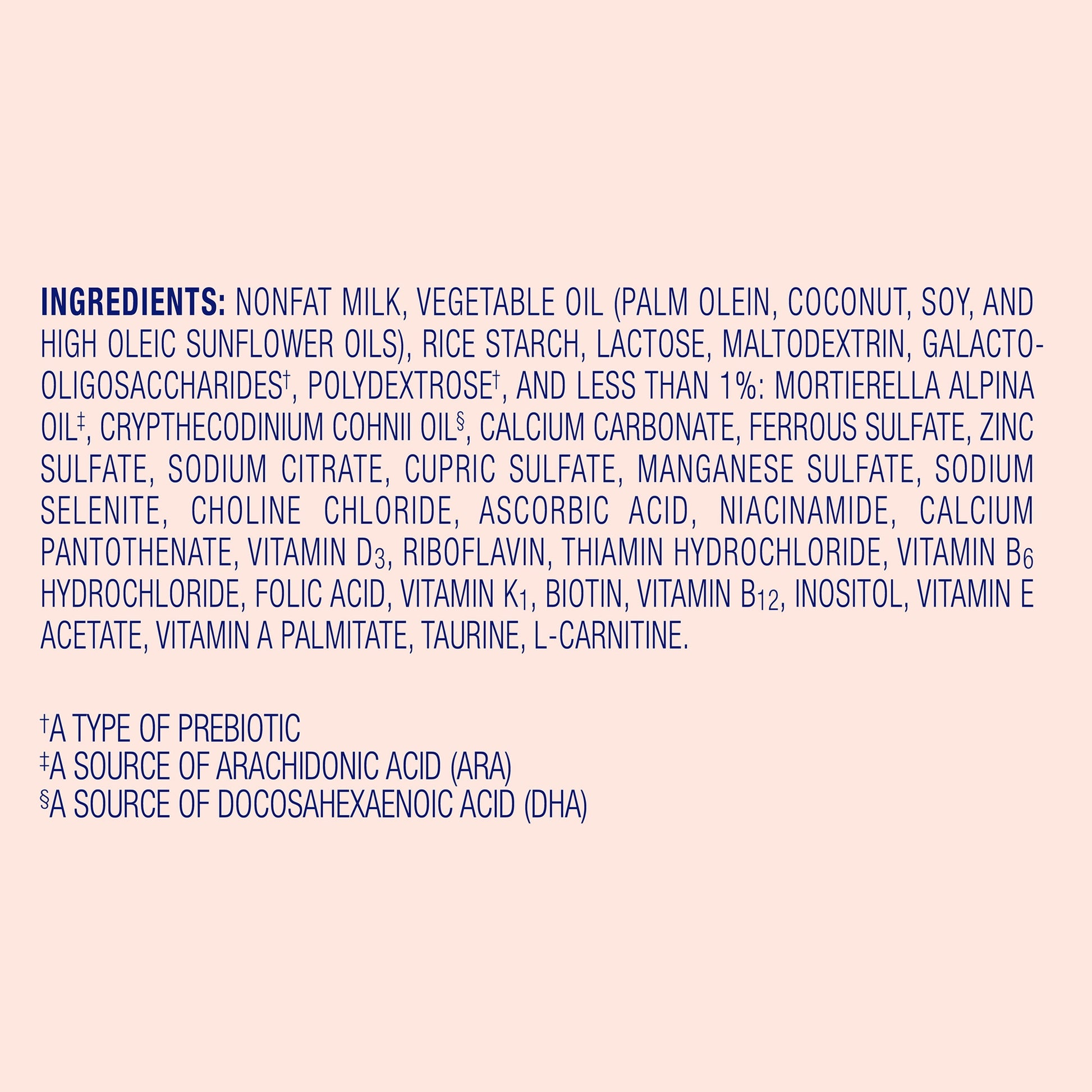 List of ingredients on a label with a pink background