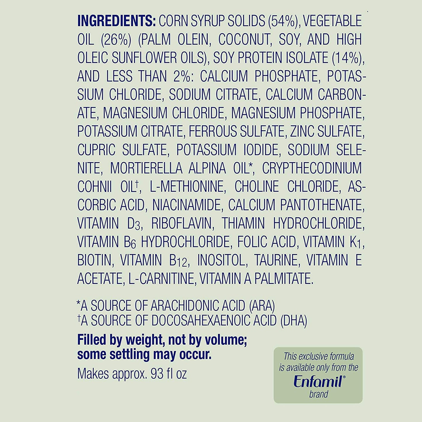 Ingredients list for a product by Enfamil on a light gray background