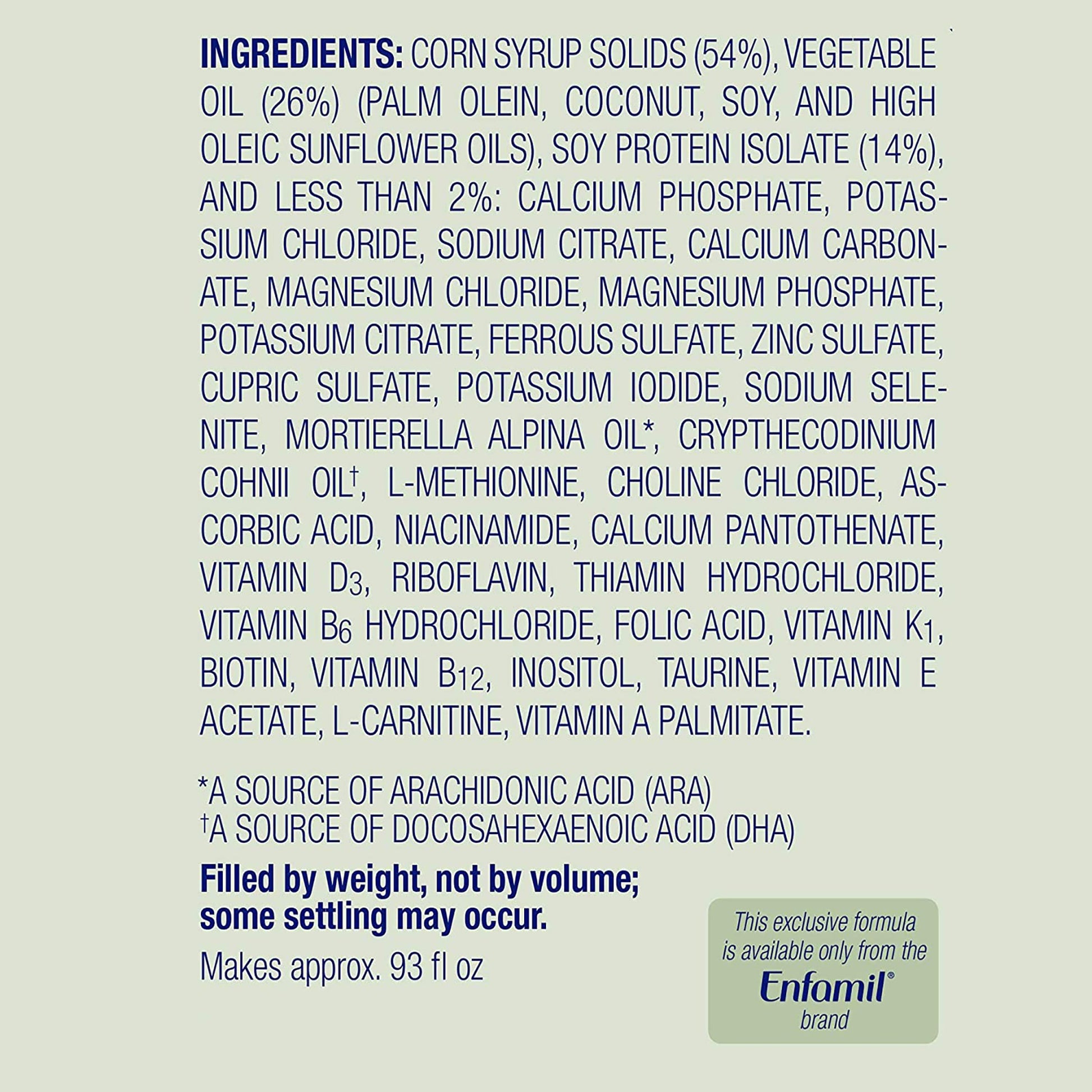 Ingredients list for a product by Enfamil on a light gray background