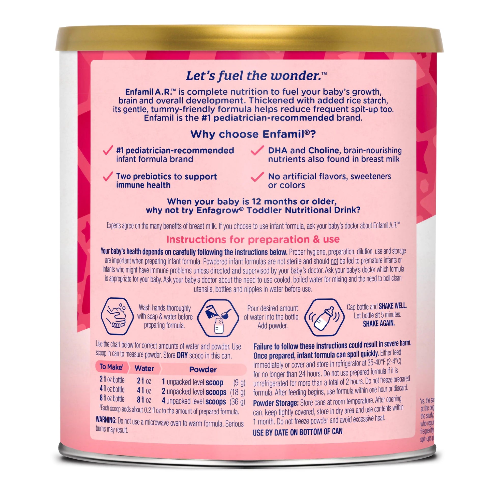 Back of a Enfamil A.R. baby formula can with pink label and gold lid.