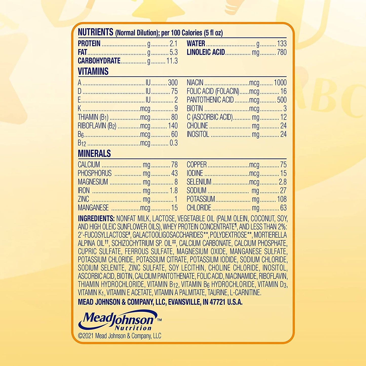 Nutritional label for a Mead Johnson product on a yellow background
