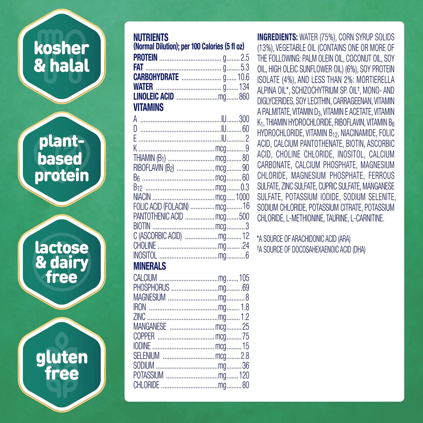 Nutritional label with kosher, halal, plant-based protein, lactose/dairy free, and gluten-free certifications on a green background.