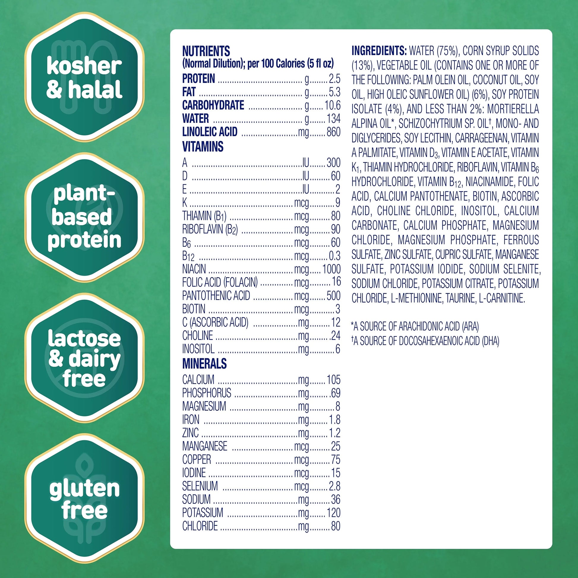 Nutritional label with kosher, halal, plant-based protein, lactose/dairy free, and gluten-free certifications on a green background.