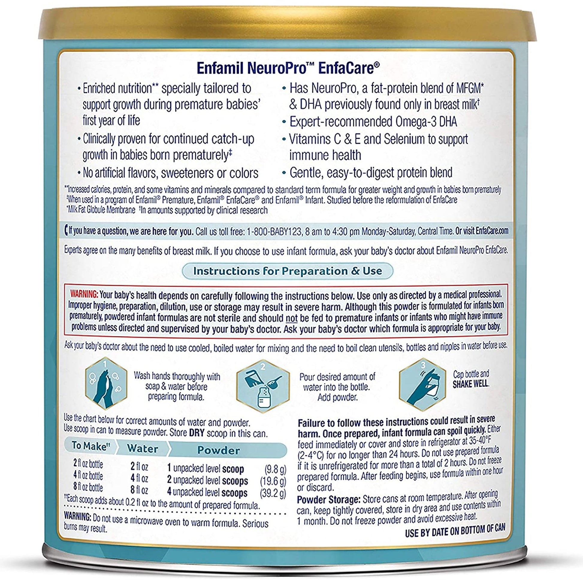 Enfamil NeuroPro EnfaCare baby formula can with text and instructions on a white background