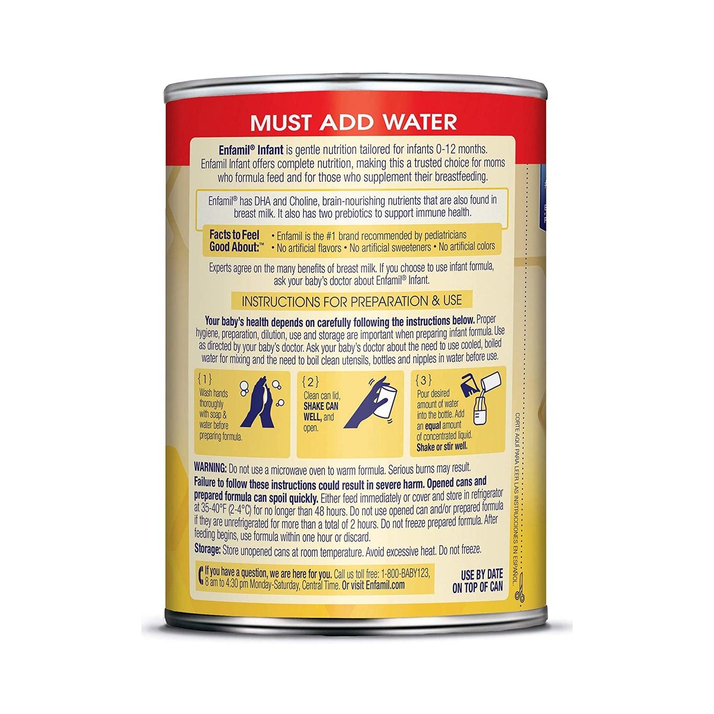 Back of an Enfamil infant formula can with text and instructions.