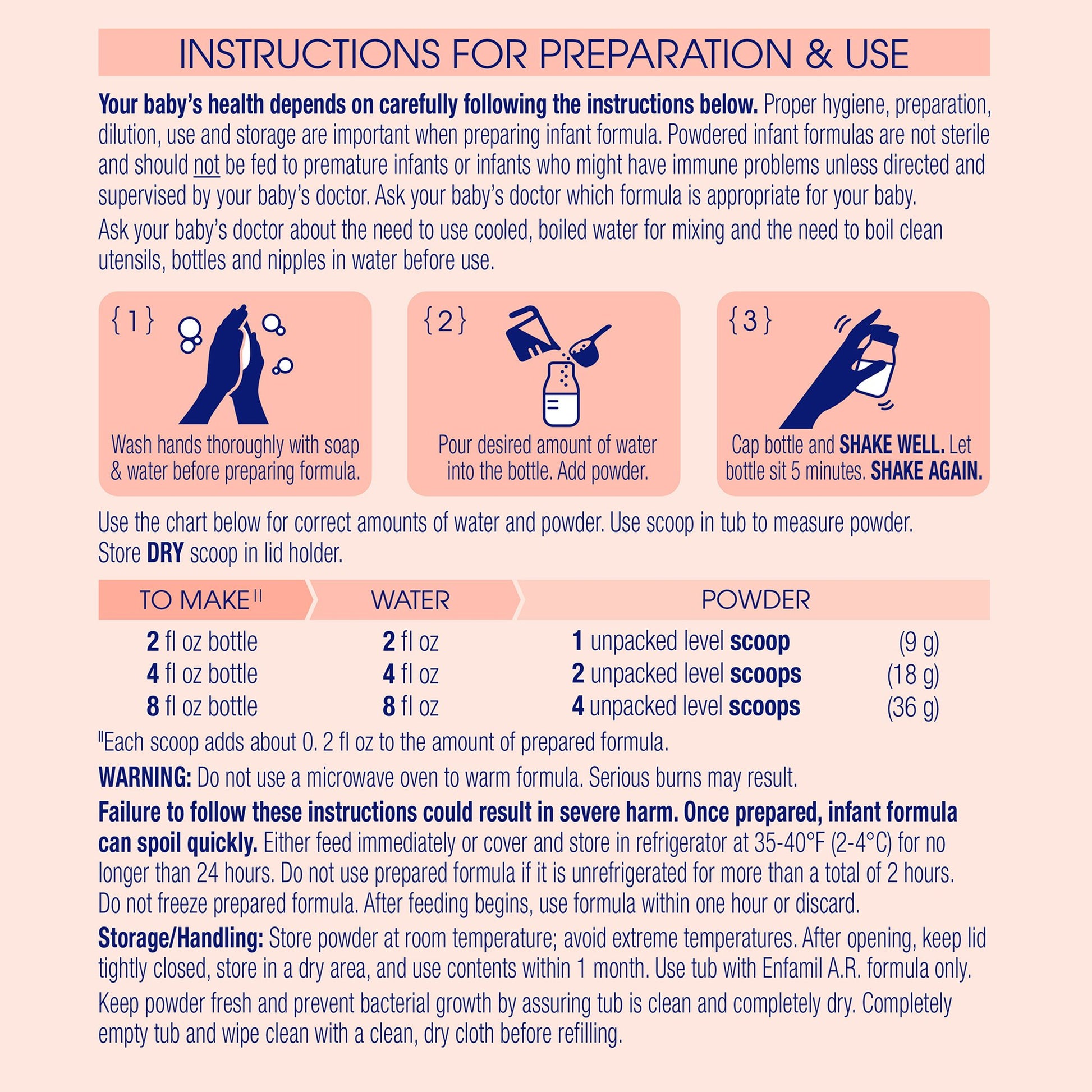 Instructions for preparing and using infant formula with illustrations and text.