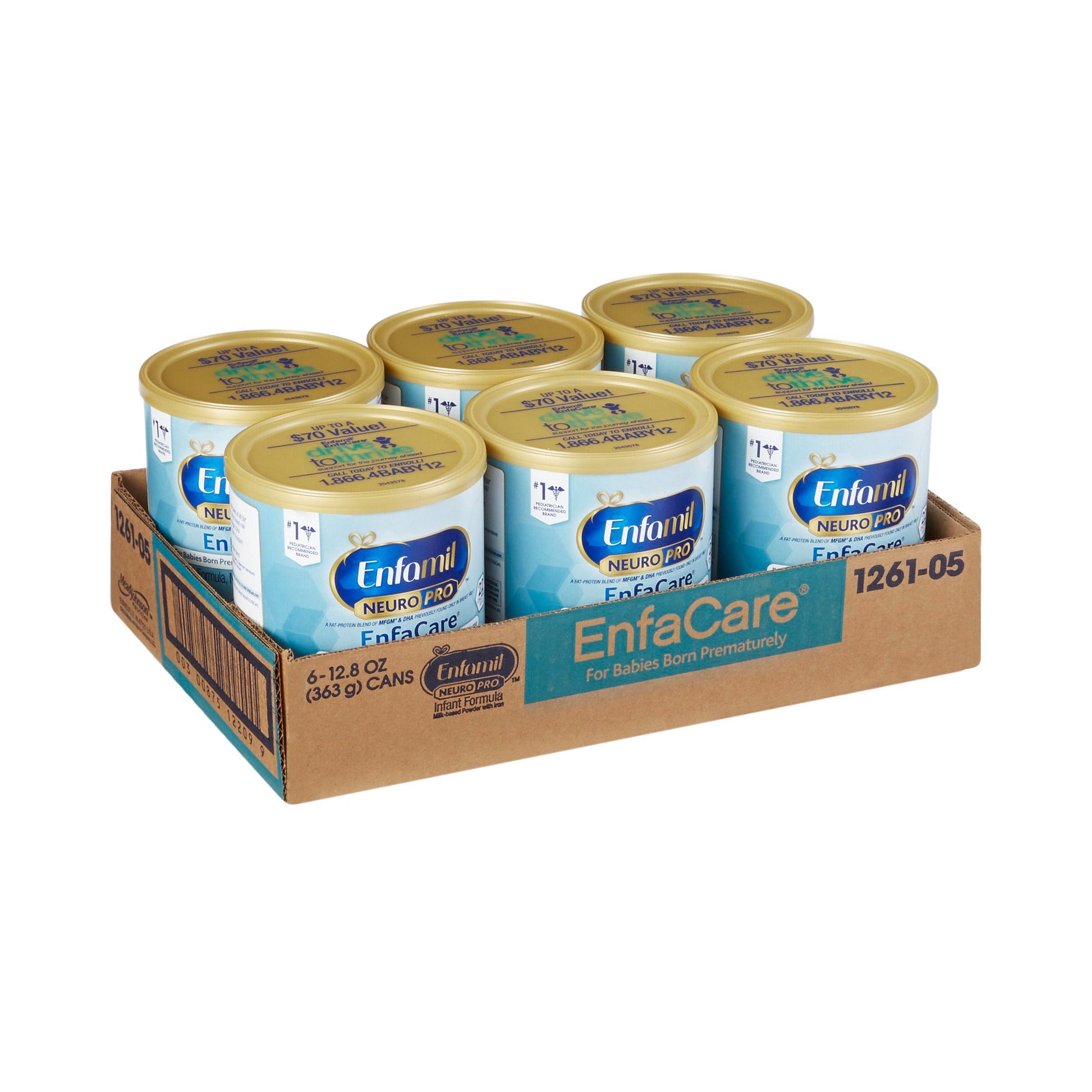 Box of EnfaCare baby formula cans on a white background