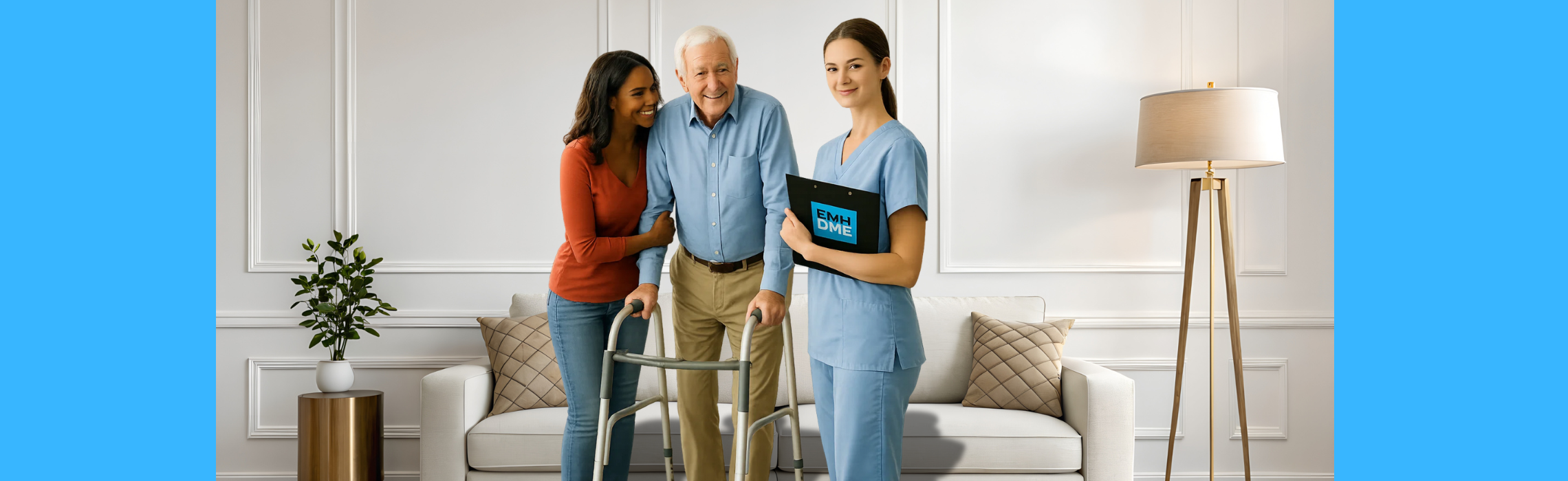 Two healthcare professionals assisting a patient with a walker in a living room setting.