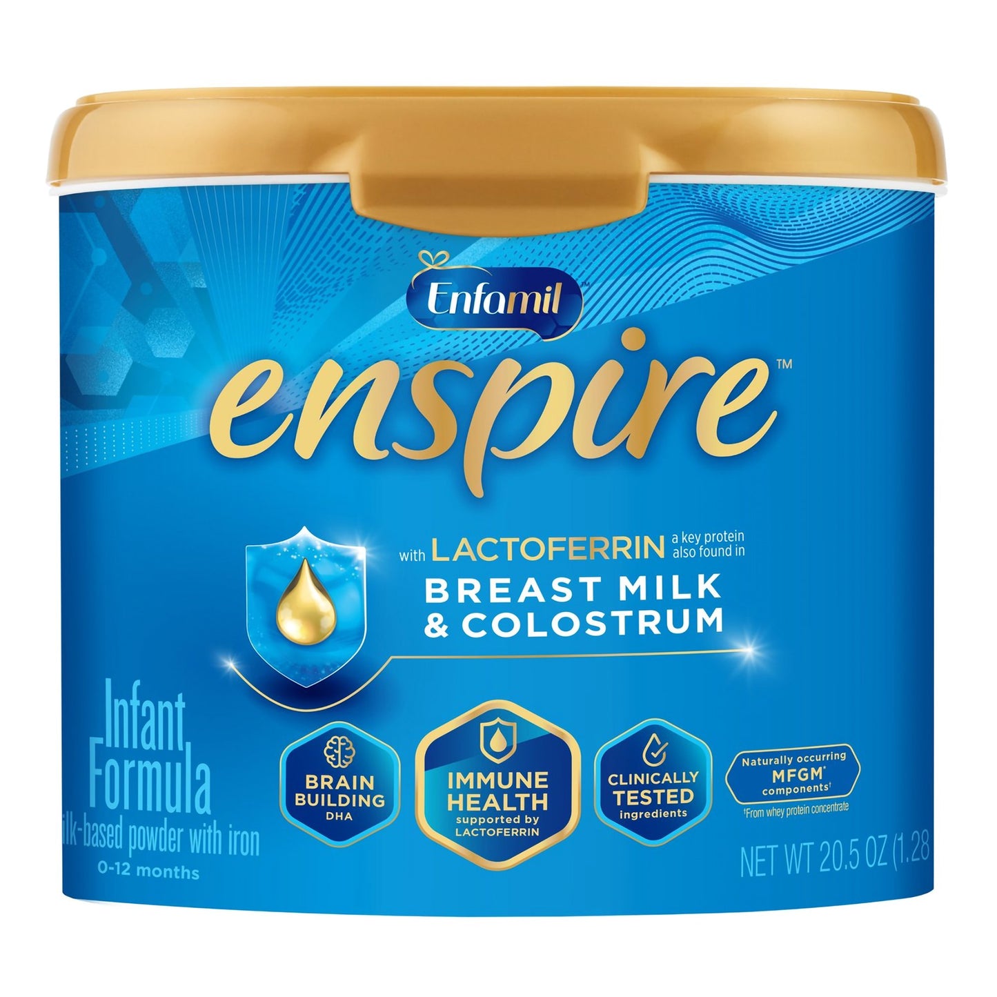 Enfamil Enspire infant formula packaging with blue and gold design