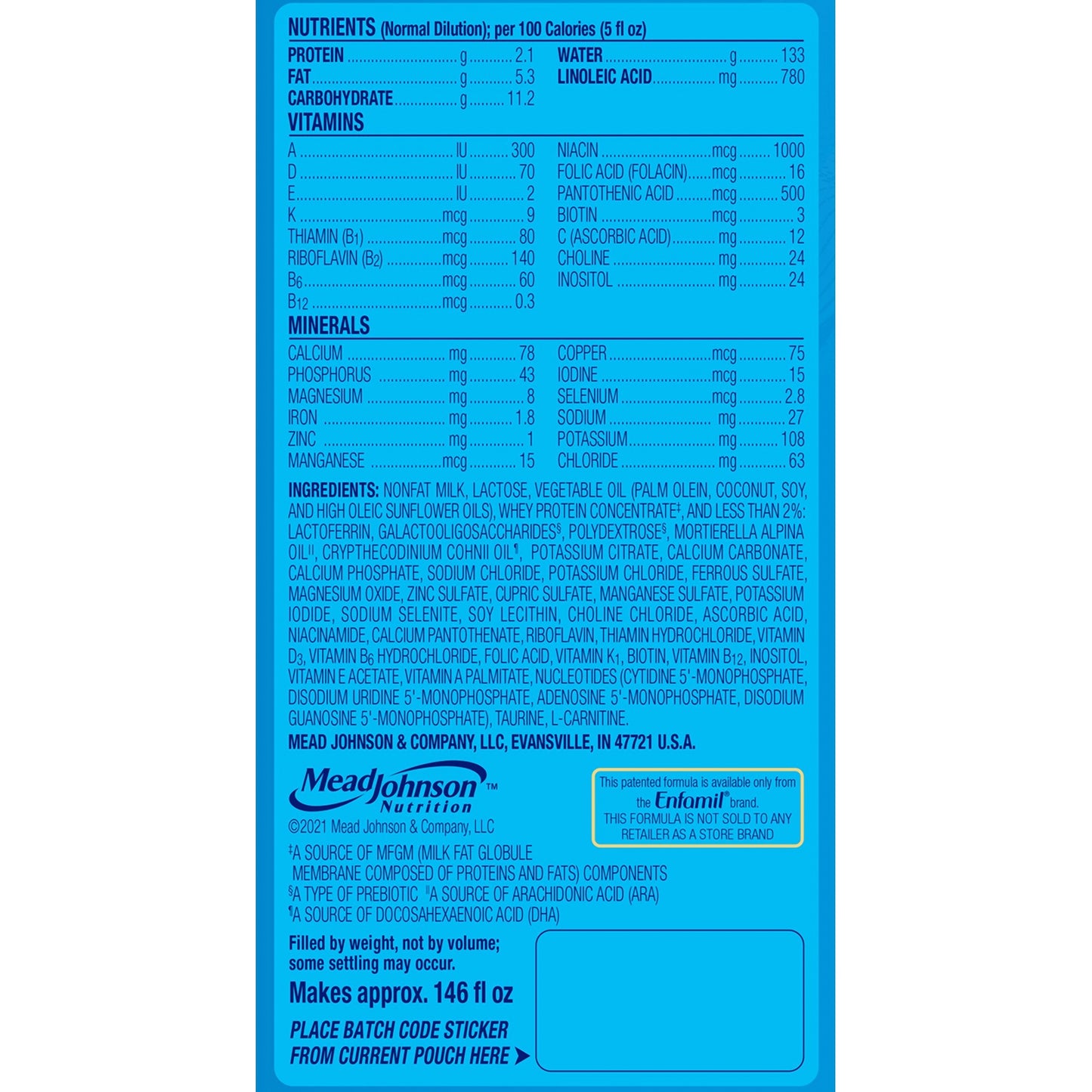Nutritional label and ingredients list on a blue background