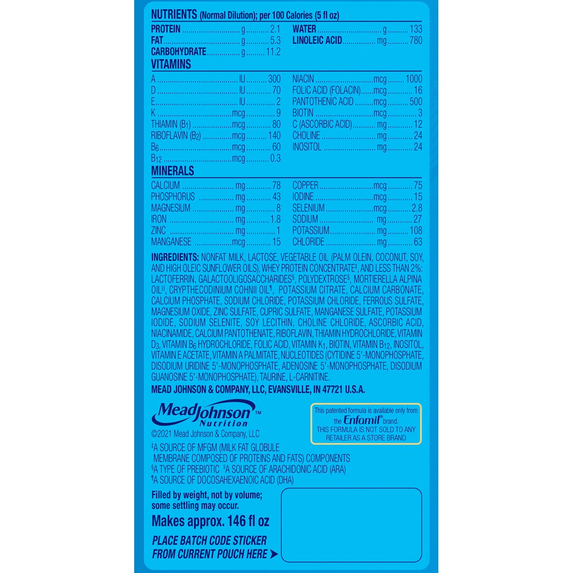 Nutritional label and ingredients list on a blue background