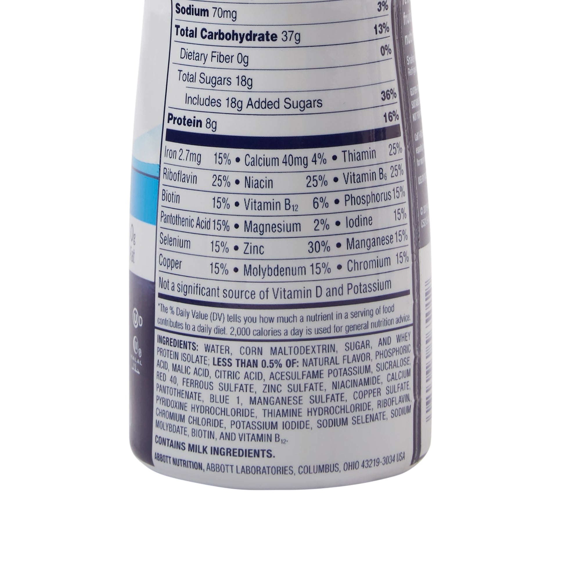 Nutritional label on a container with detailed information on ingredients and nutritional values.