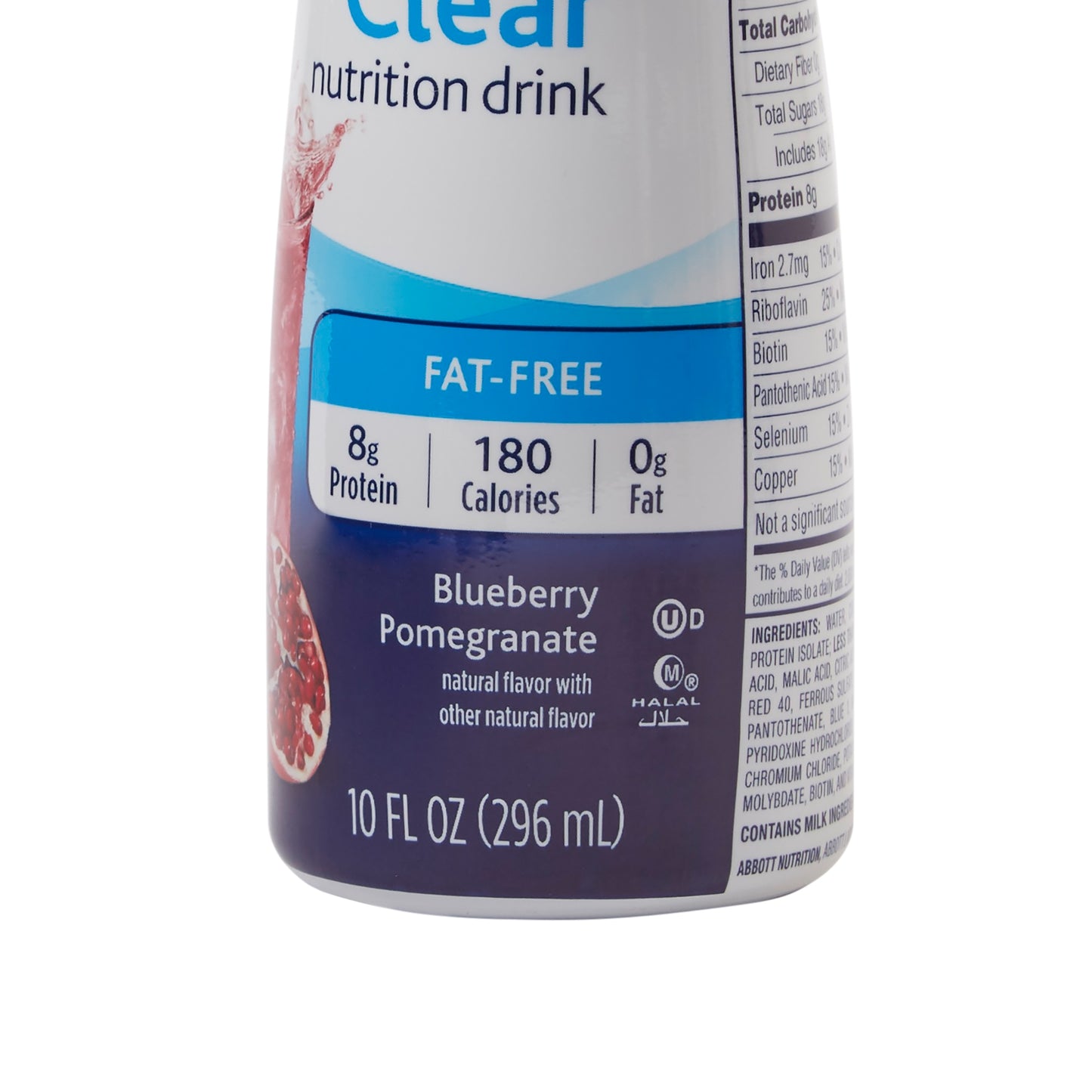 Clear nutrition drink can with blueberry pomegranate flavor on a white background