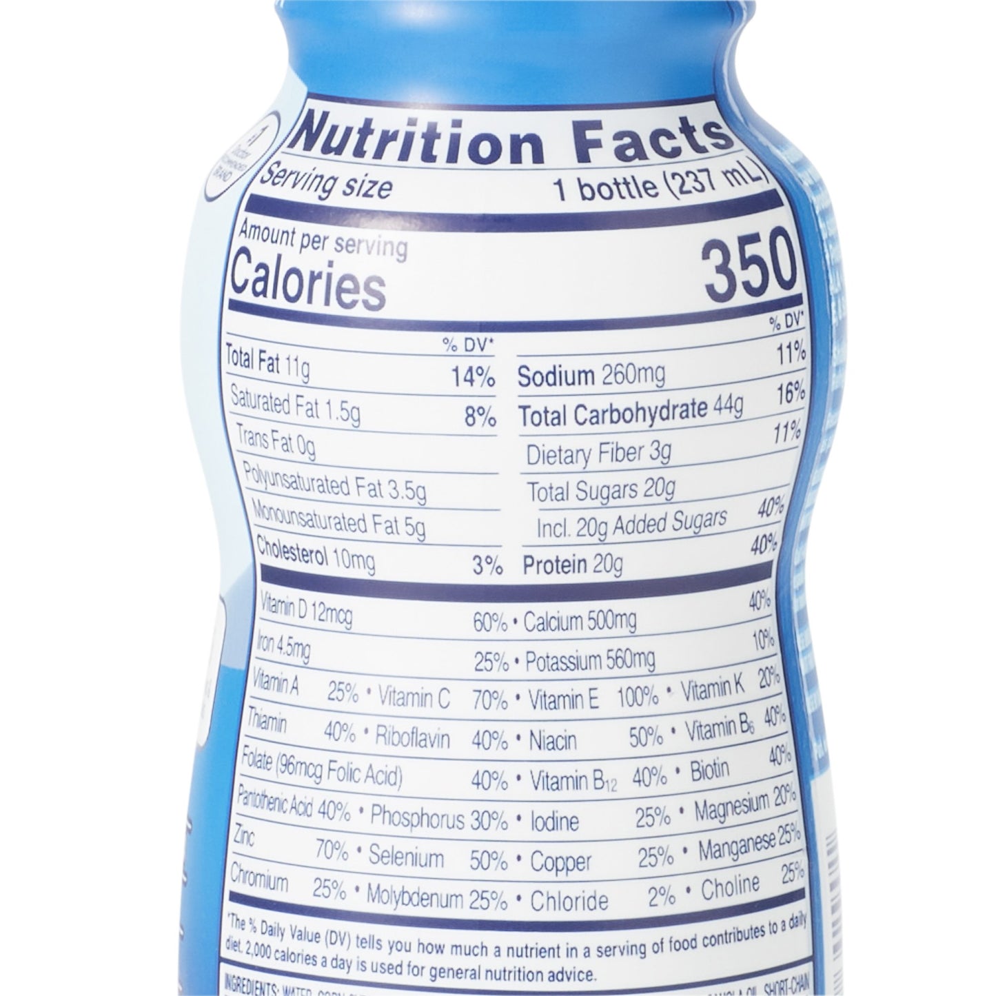 Nutrition facts label on a bottle with blue and white design