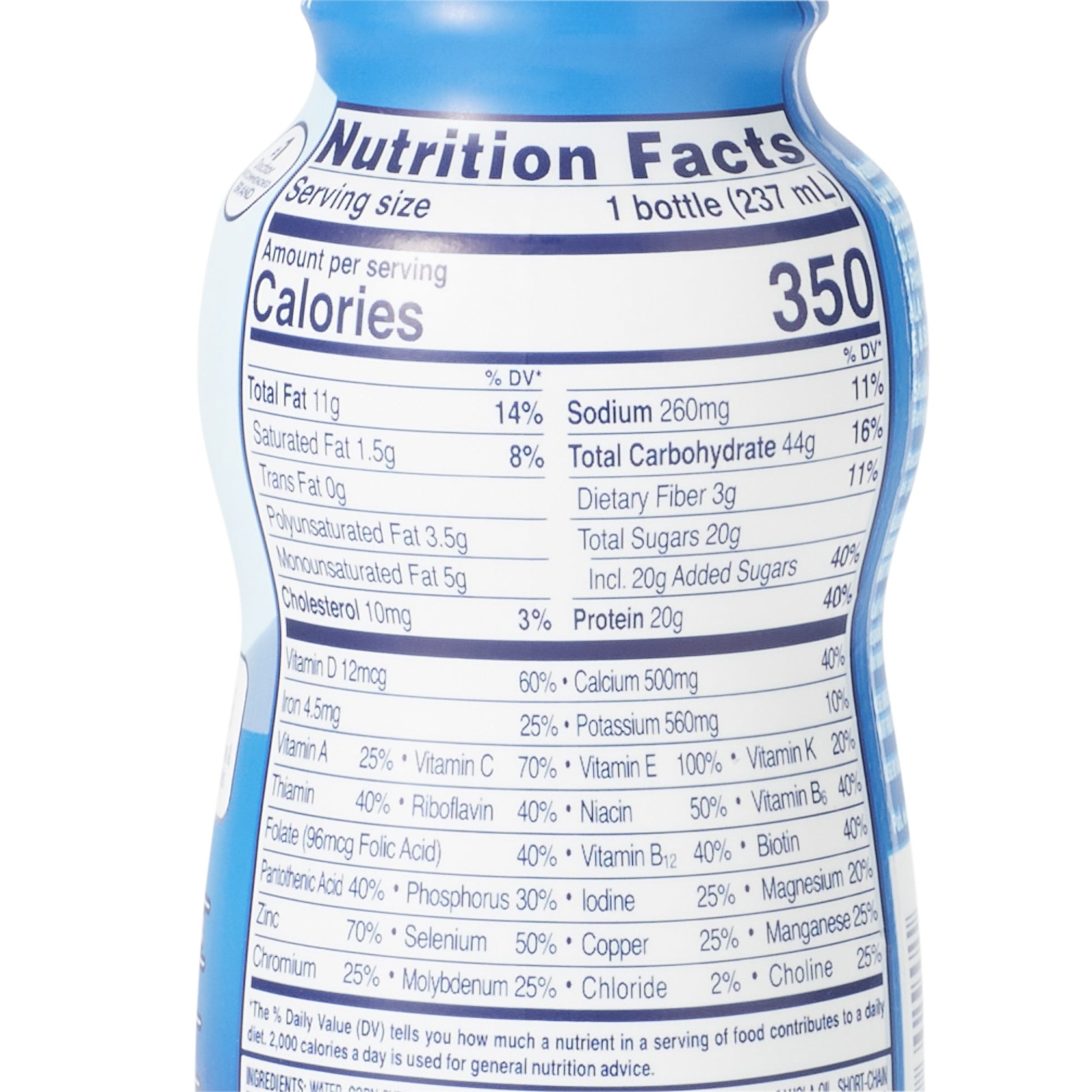 Nutrition facts label on a bottle with blue and white design