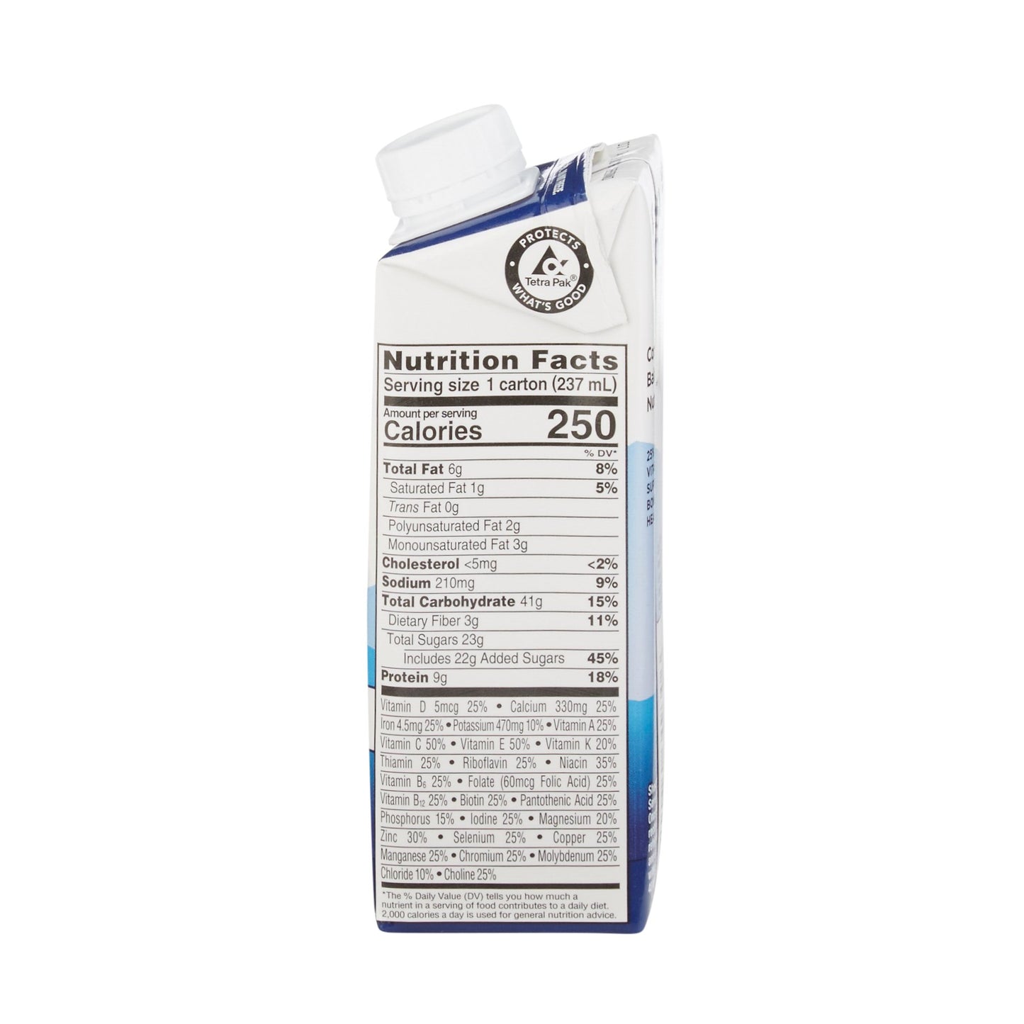 Carton of milk with nutrition facts label on a white background