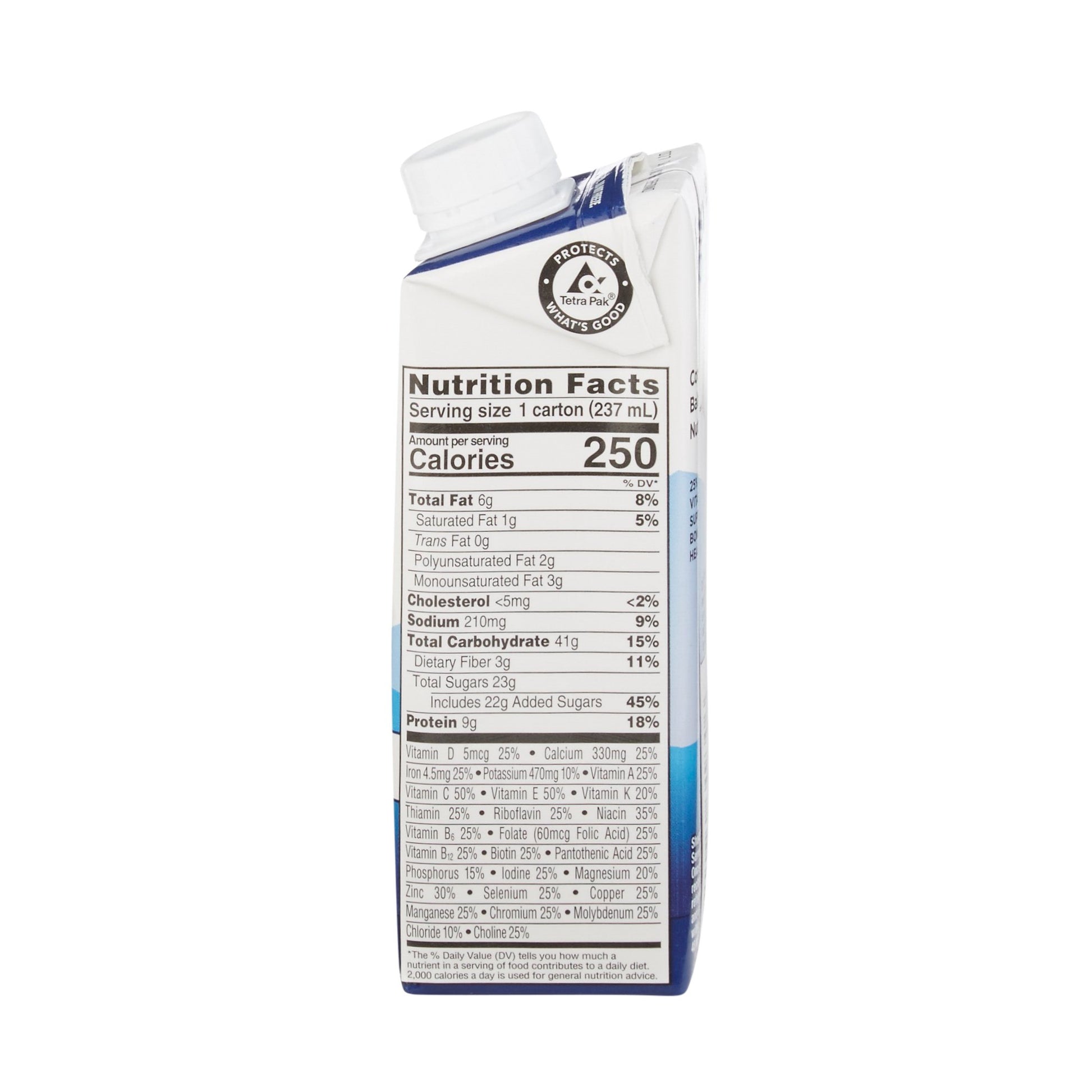 Carton of milk with nutrition facts label on a white background