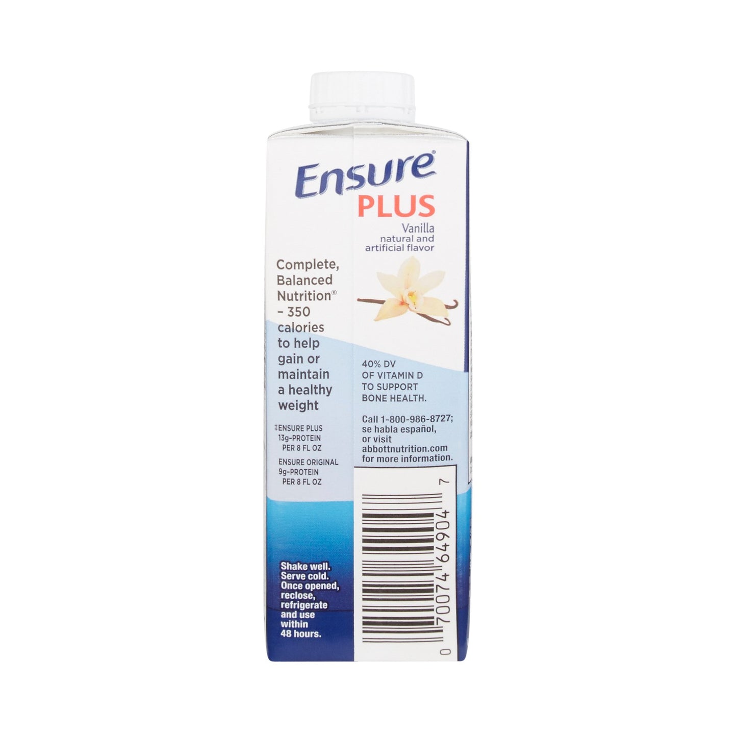 Ensure Plus Vanilla flavor nutrition shake bottle on a white background