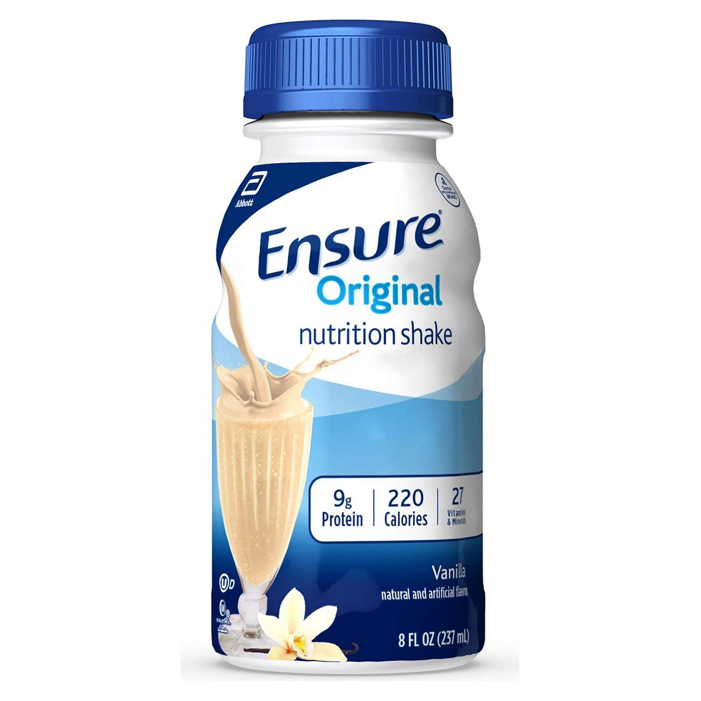 Ensure Original nutrition shake bottle with blue cap on a white background
