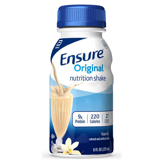 Ensure Original nutrition shake bottle with blue cap on a white background