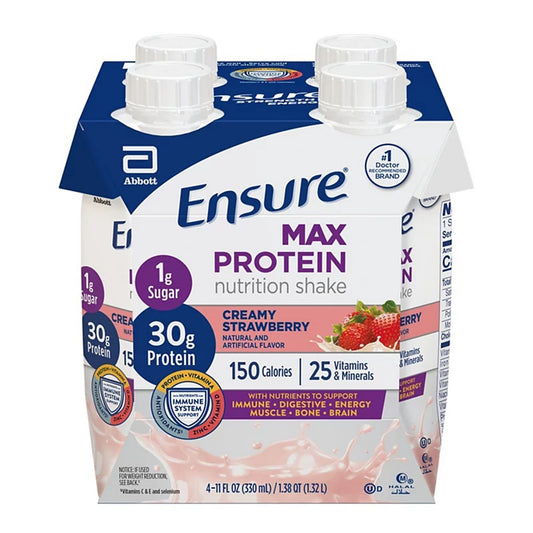 Ensure Max Protein nutrition shake packaging with strawberry flavor on a white background