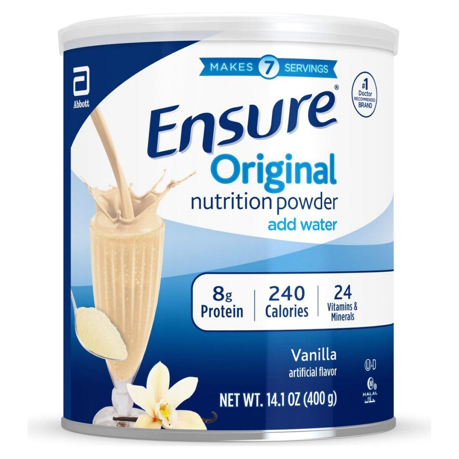 Ensure Original nutrition powder canister with vanilla flavor on a white background