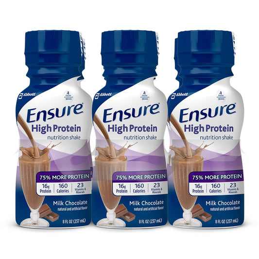 Three bottles of Ensure High Protein nutrition shake in milk chocolate flavor on a white background