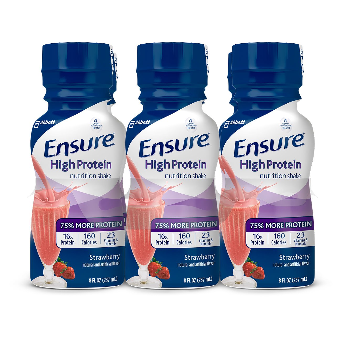Three bottles of Ensure High Protein nutrition shake in strawberry flavor on a white background