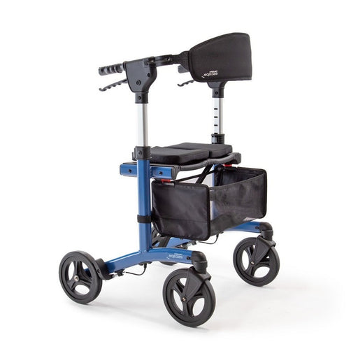 Blue and black rollator walker on a white background