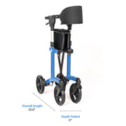 Blue and black walker with measurements on a white background