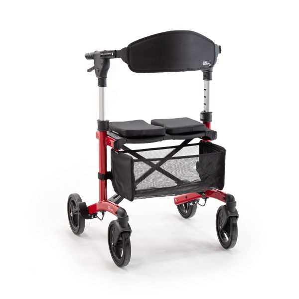 Red and black walker with canopy on a white background