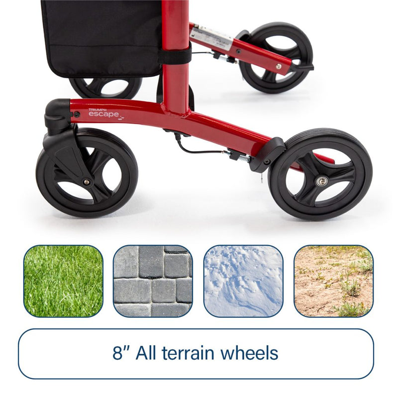 Red rollator with 8-inch all-terrain wheels on a white background, showing suitability for various terrains.
