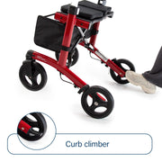 Red knee walker with a curb climber feature on a white background