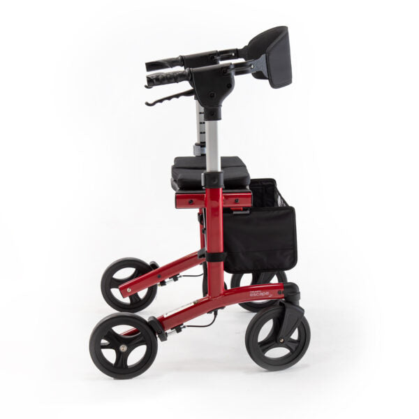 Red rollator with black seat and bag on a white background